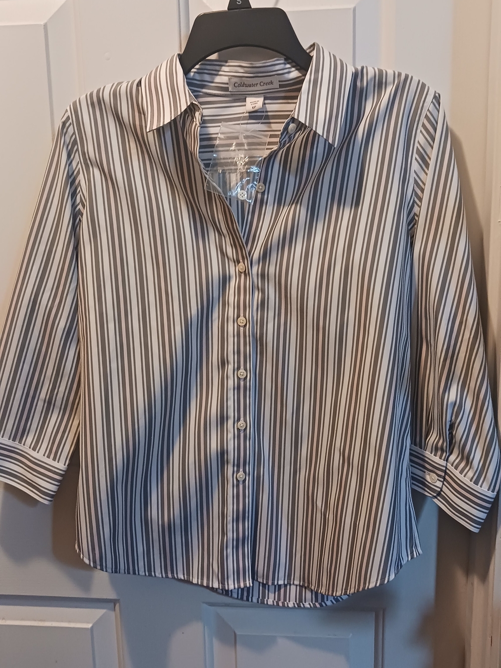 Coldwater Creek Women's Grey and Pink Stripe Button-Up Shirt